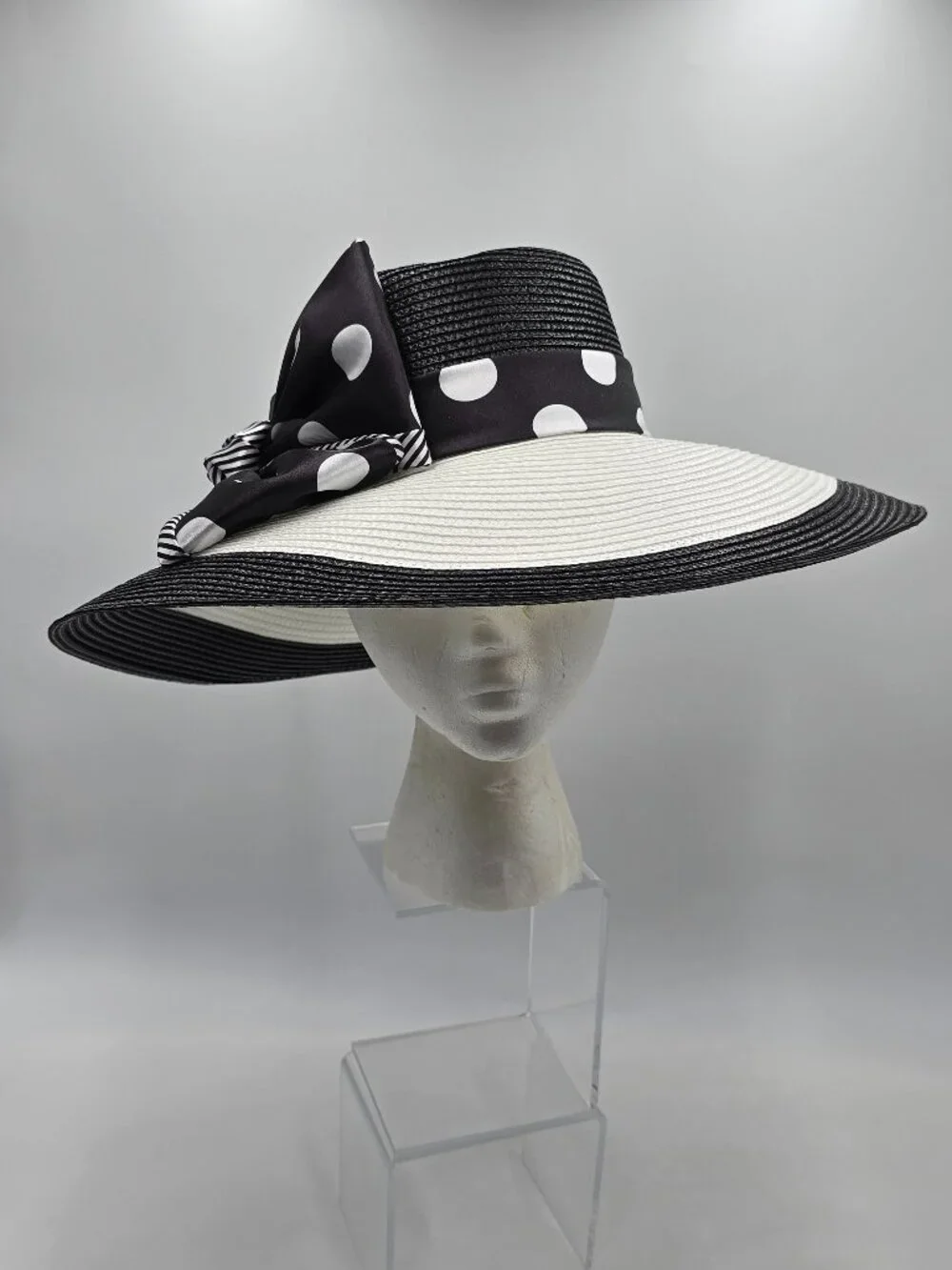 August Hat Company B&W Wide Brim Hat with Polka-Dot & Striped Accent Bow